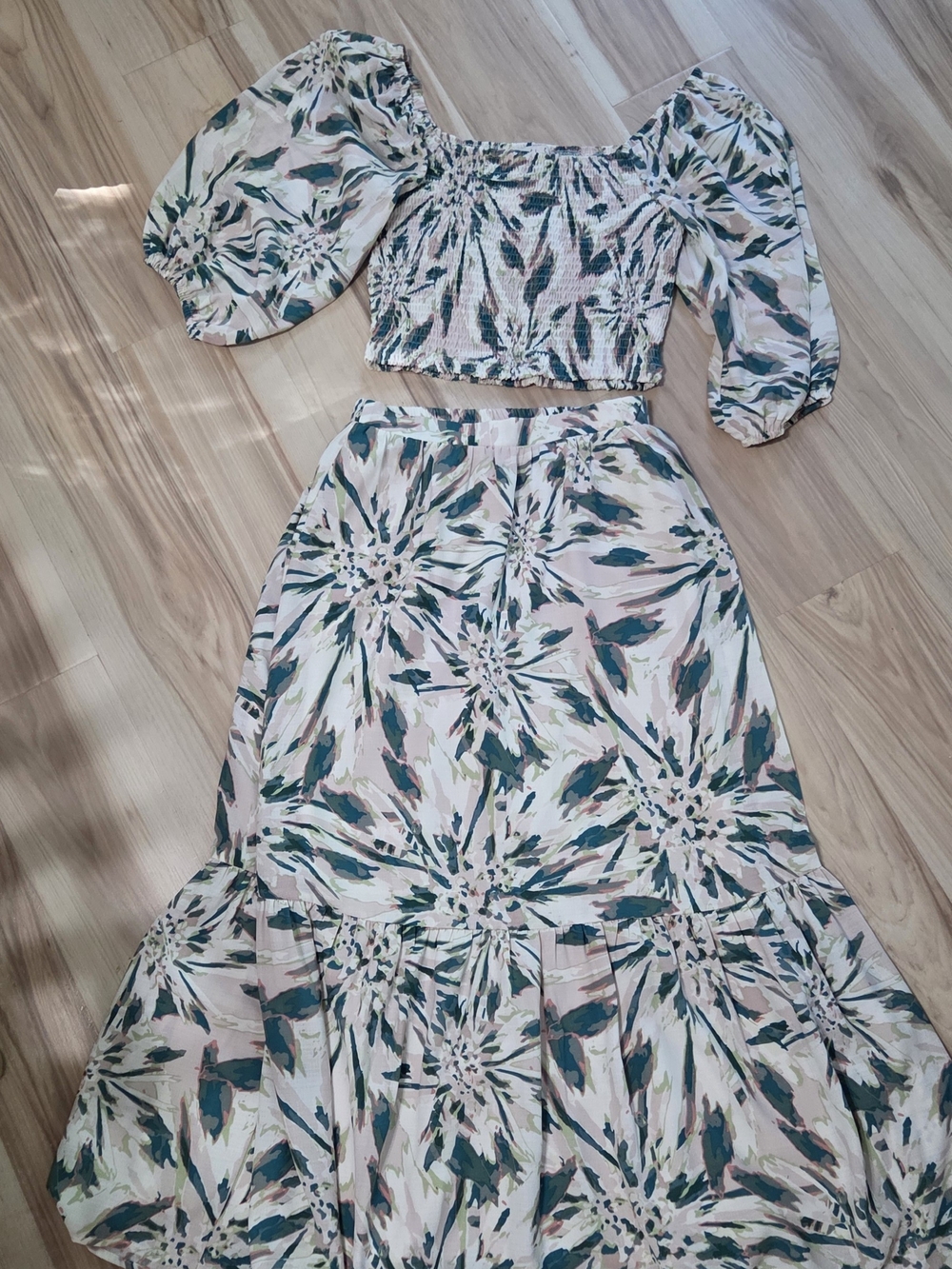 Sadie & Sage Cream Smoked Top and Maxi Skirt with Green Floral Burst